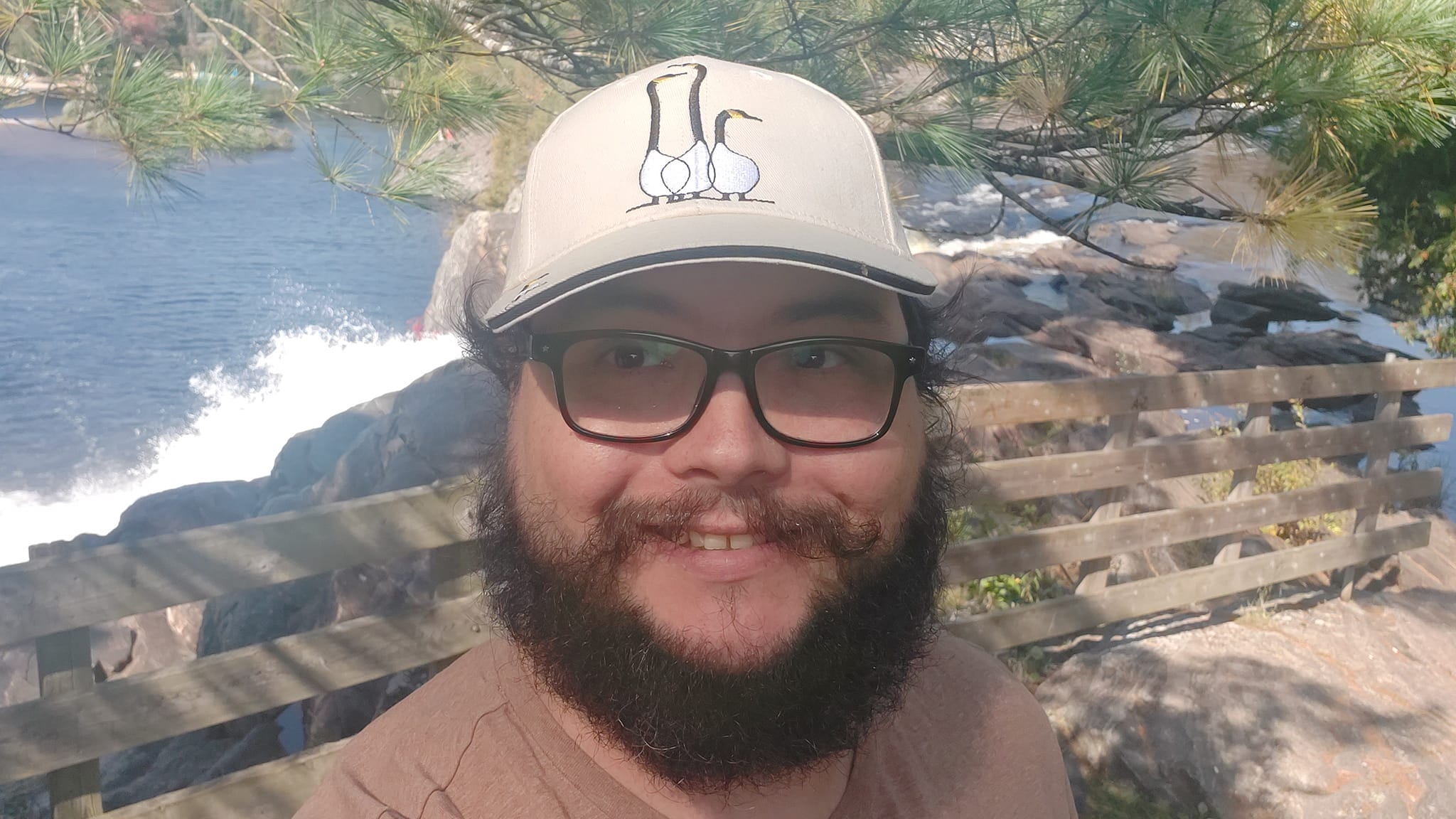 A man with short hair and bushy facial hair stands in front of a white pine branch, which partially obscures a rapids-waterfall, much Canadian shield is visible in the foreground, and it comprises the entirety of the waterfall